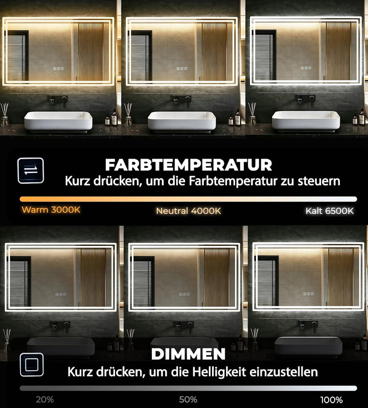 SVNR Badezimmer Spiegel 120x60cm | Spiegel Bad mit Beleuchtung, 3-Tasten-Touchbedienung, 3 Lichtfarb