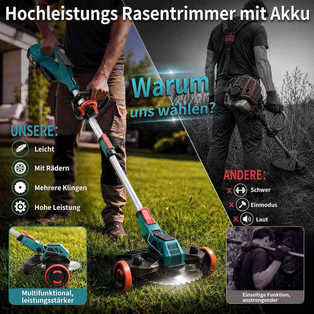 Rasentrimmer mit Akku, 5-IN-1 Rasentrimmer mit Unkrautbürste/Rädern, 21V/2 * 4.0Ah Akku Rasentrimmer