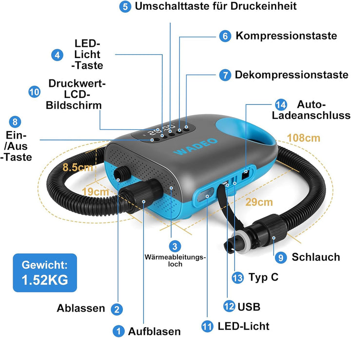 WADEO SUP Pumpe elektrisch [18000mAh], 20 PSI Hochdruck SUP Luftpumpe Akku mit LED-Licht, 110 V AC/1