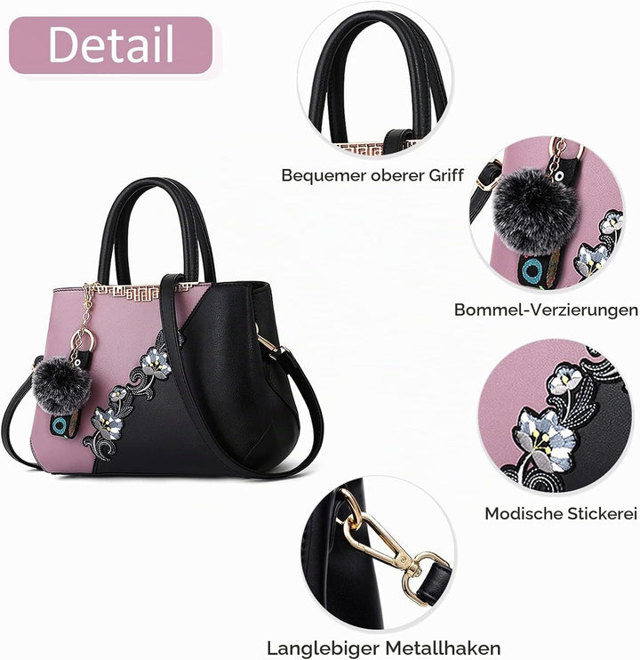 DIRRONA Handtasche Damen Gross – Umhängetasche & Tote Bag mit Blumenstickerei und Pom-Pom-Dekoration