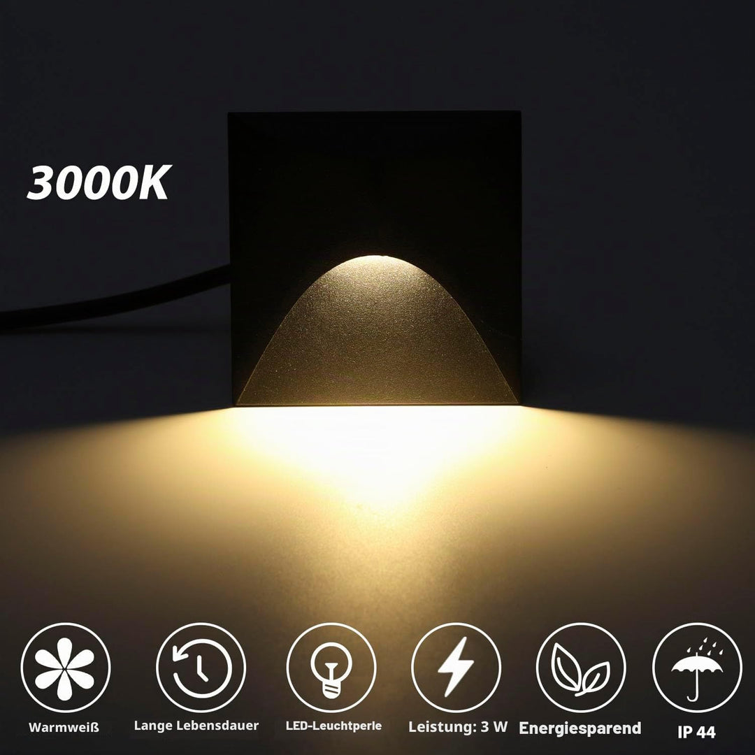 Arotelicht 4er 3W LED Treppenlicht Warmweiss 3000K Aluminium Wandleuchte 230V Eckig Einbaustrahler T