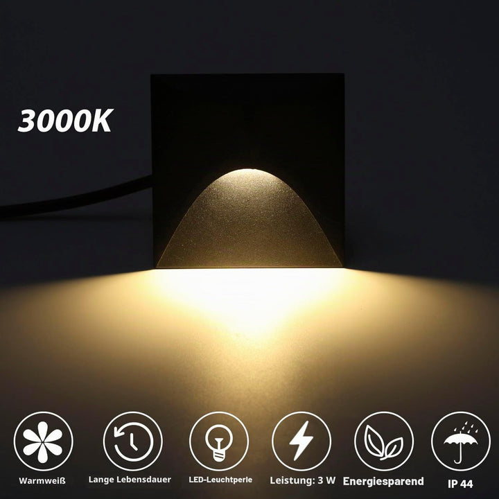 Arotelicht 4er 3W LED Treppenlicht Warmweiss 3000K Aluminium Wandleuchte 230V Eckig Einbaustrahler T