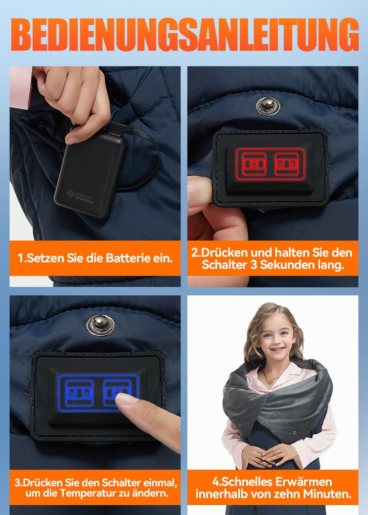 Kinder Heizdecke mit Akku Kabellos – 7,4V DC 10000mAh Tragbare Elektrische Wärmedecke mit 8 Heizzone