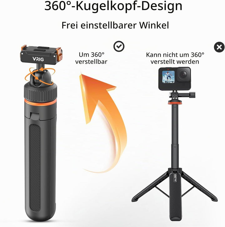 VRIG 40cm Mini Selfie Stick Stativ für DJI Osmo Action 5 Pro/4/3, 360°-Kopf-Verlängerungsstativ, mag