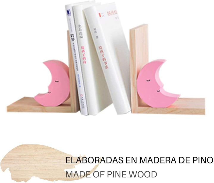 Nacnic Satz von Zwei hölzernen rosa Mond Buchstützen. rutschfeste Buchstützen für Bücherregale. Deko