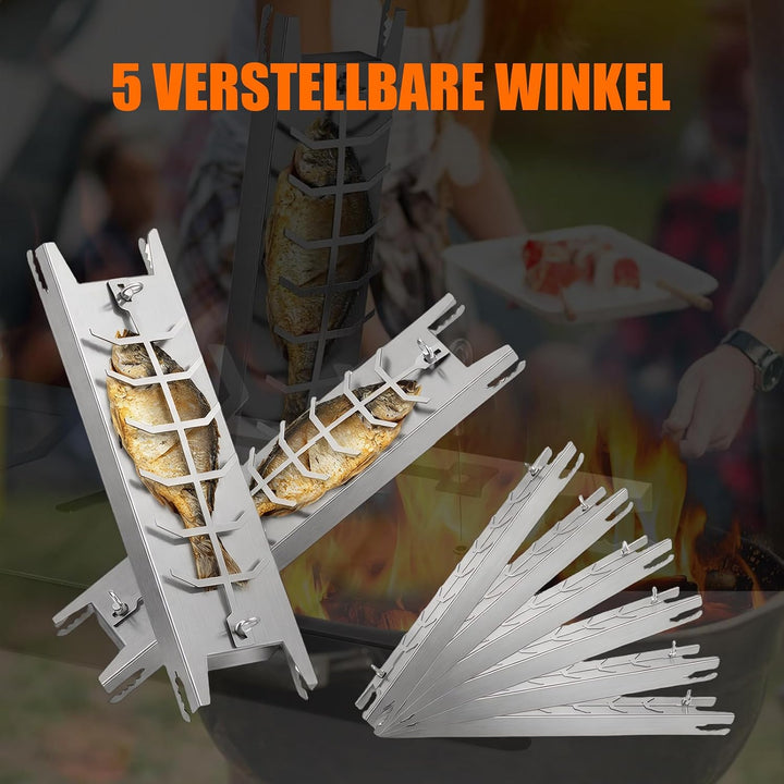 Flammlachsbrett aus Edelstahl 52×12 cm, Verstellbare Halterung | 180° Drehbar | 5-Stufig Einstellbar