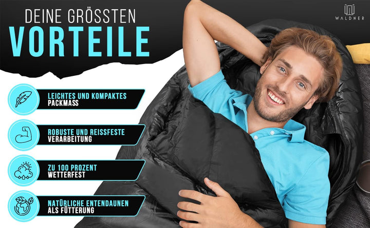WALDNER Daunenschlafsack Ultraleicht, kleines Packmass, 4 Jahreszeiten, 800g Daunen, 600FP Bauschkra