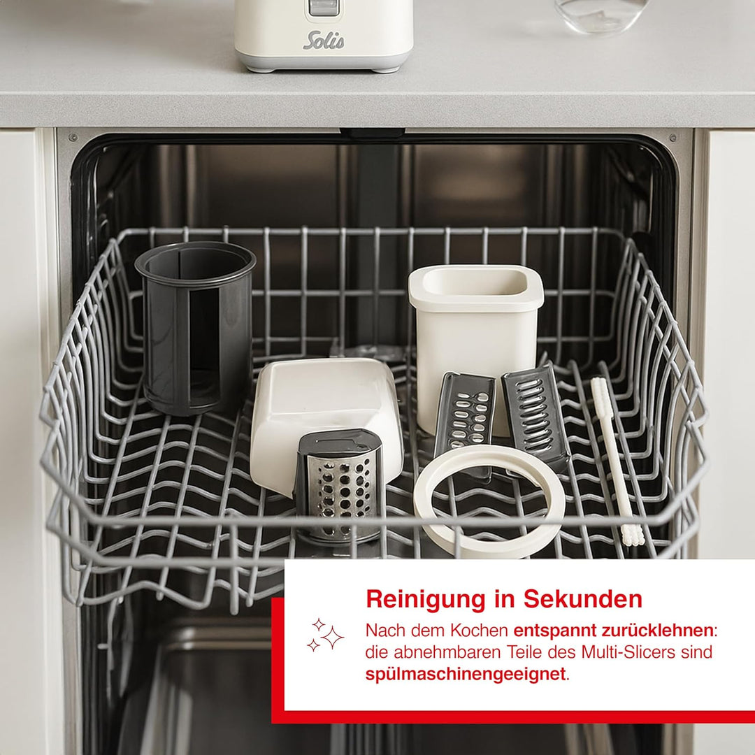 Solis Multi Slicer 5-in-1 Küchenhelfer, mit 5 Schneideeinsätzen für Julienne, Scheiben, Raspel, Reib