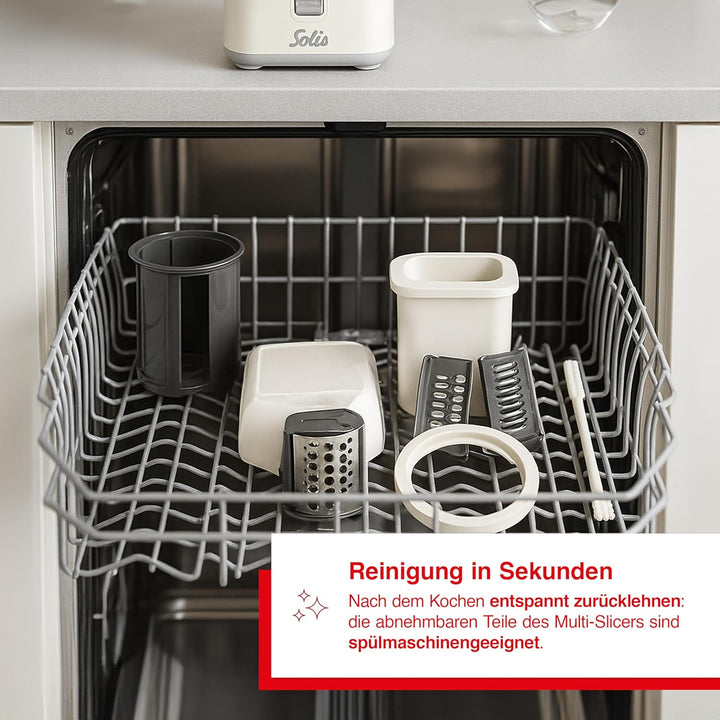 Solis Multi Slicer 5-in-1 Küchenhelfer, mit 5 Schneideeinsätzen für Julienne, Scheiben, Raspel, Reib