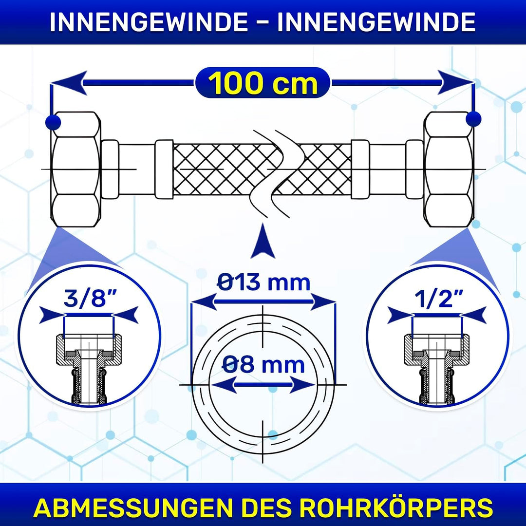 Flexibles Wasseranschluss 100 cm mit Edelstahlgewebe Innengewinde-Innengewinde 3/8” x 1/2” mit einem