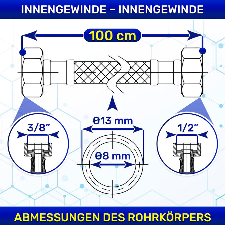 Flexibles Wasseranschluss 100 cm mit Edelstahlgewebe Innengewinde-Innengewinde 3/8” x 1/2” mit einem