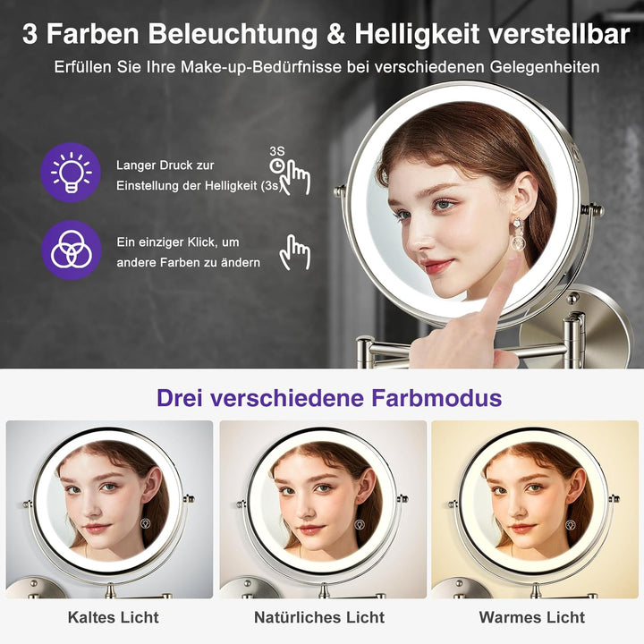 Vergrösserungsspiegel mit Beleuchtung 1x/15x: Zweiseitiger wandmontierter Beleuchteter Schminkspiege