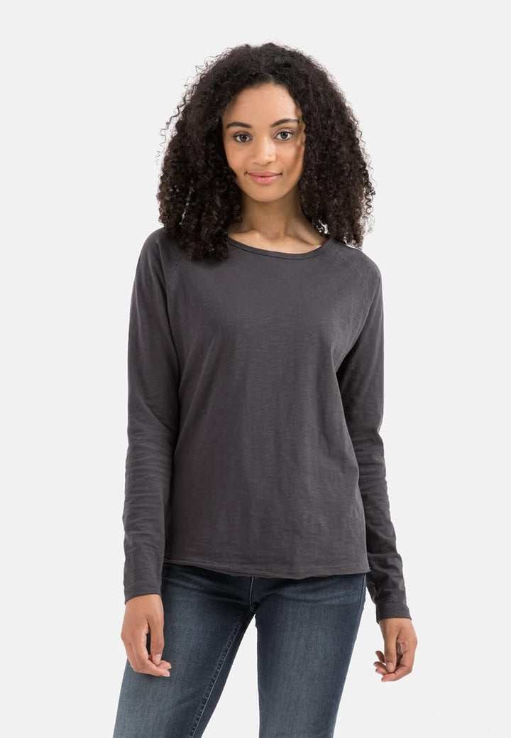 camel active Damen Basic Langarm T-Shirt mit Rundhalsausschnitt aus Reiner Baumwolle, Dunkelgrau