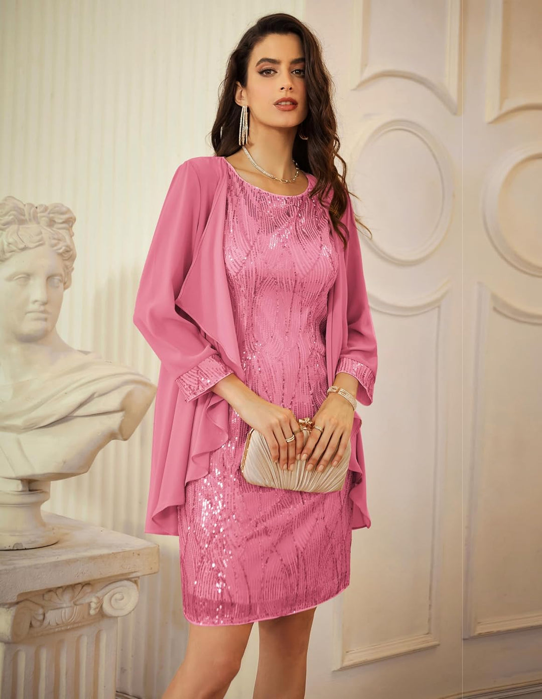 GRACE KARIN Damen Ärmelloses Rundhals Pailletten Cami Kleid Elegant Zweiteiler Tüll Cardigan Abendkl