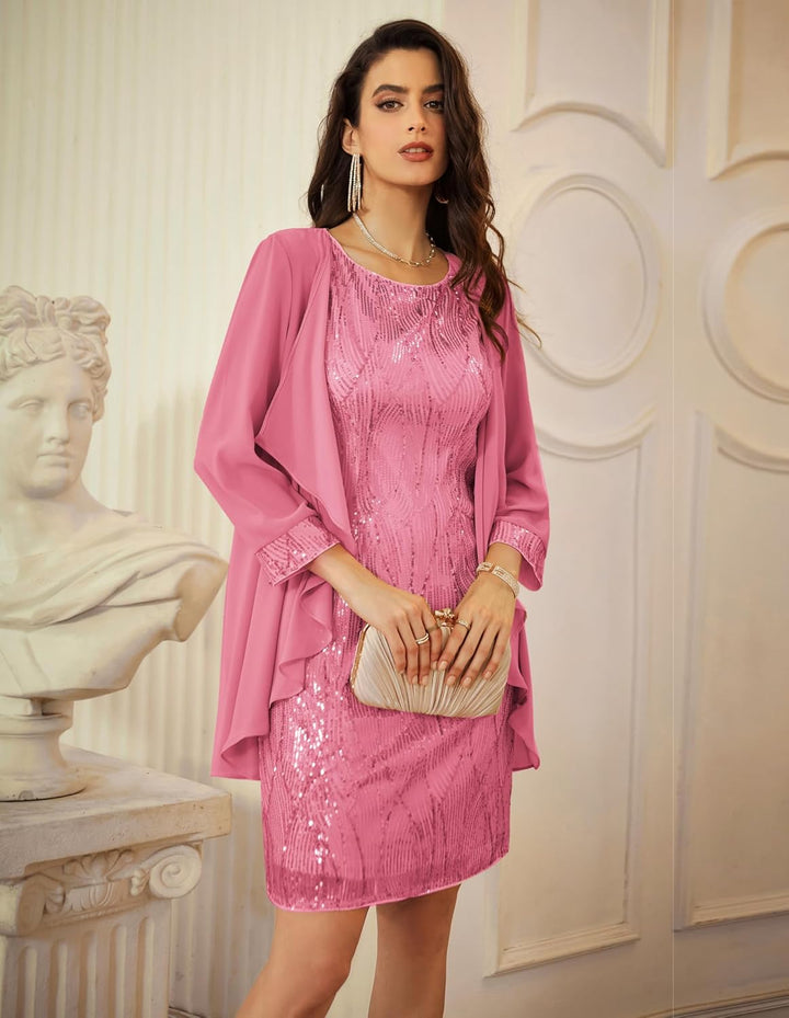GRACE KARIN Damen Ärmelloses Rundhals Pailletten Cami Kleid Elegant Zweiteiler Tüll Cardigan Abendkl