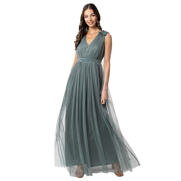 Maya Deluxe Ärmelloses Abendkleid mit Gerafftem V-Ausschnitt & Hoher Taille - Hochzeitsgast Kleid Da