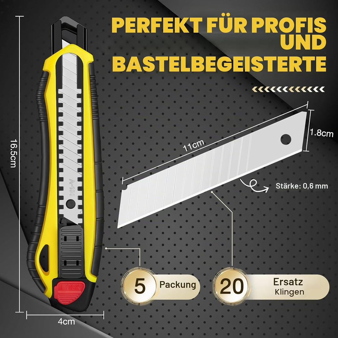 5 Stück Cuttermesser Set Profi mit 20 Stück Ersatzklingen aus Carbonstahl, Teppichmesser mit Gummigr