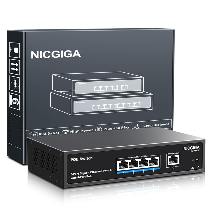 4-Port Gigabit PoE Switch Unmanaged mit 4 Port IEEE802.3af/at PoE @78W, 1 x 1000Mbps Uplink, NICGIGA