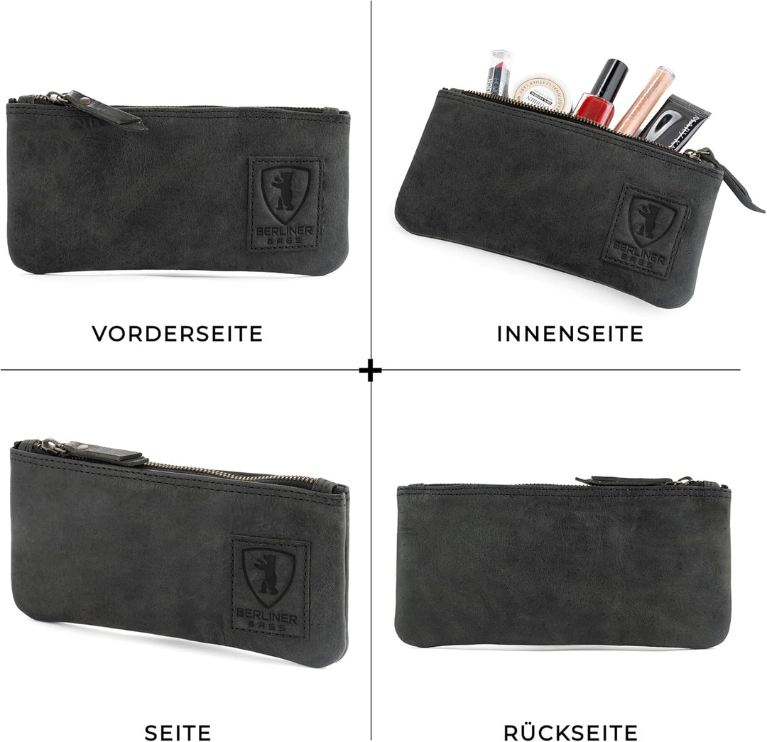 Berliner Bags Vintage Federmäppchen Etui aus Leder mit YKK-Reissverschluss, Robuste Federmappe für S