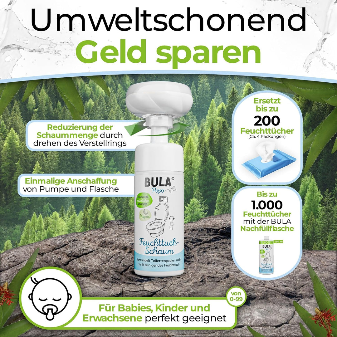 BULA® Popo Home Bundle | Feuchttuch-Schaum 150ml Flasche + Blumen-Schaumpumpe inkl. Edelstahl Halter