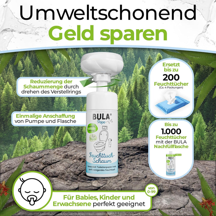 BULA® Popo Home Bundle | Feuchttuch-Schaum 150ml Flasche + Blumen-Schaumpumpe inkl. Edelstahl Halter