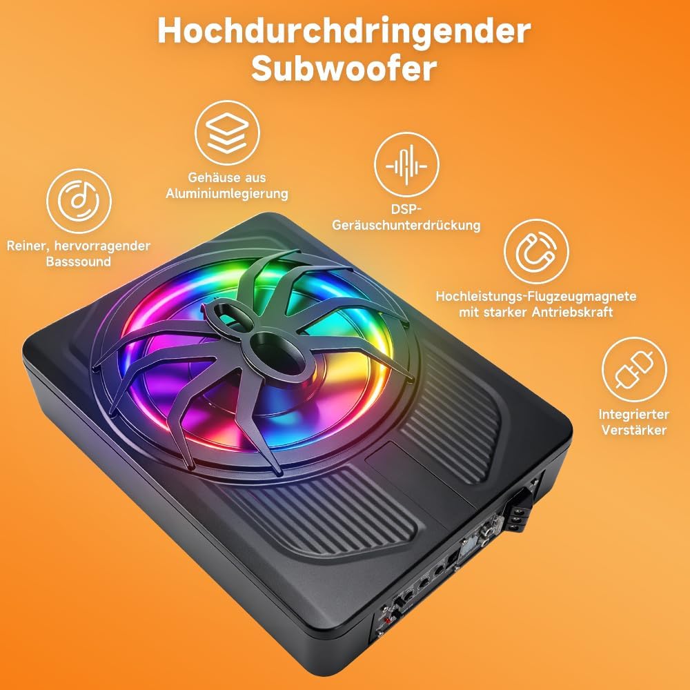 1200W 10 Zoll Slim Aktiv Subwoofer Auto mit APP Steuerung und Farblicht,12V Untersitz Auto Subwoofer