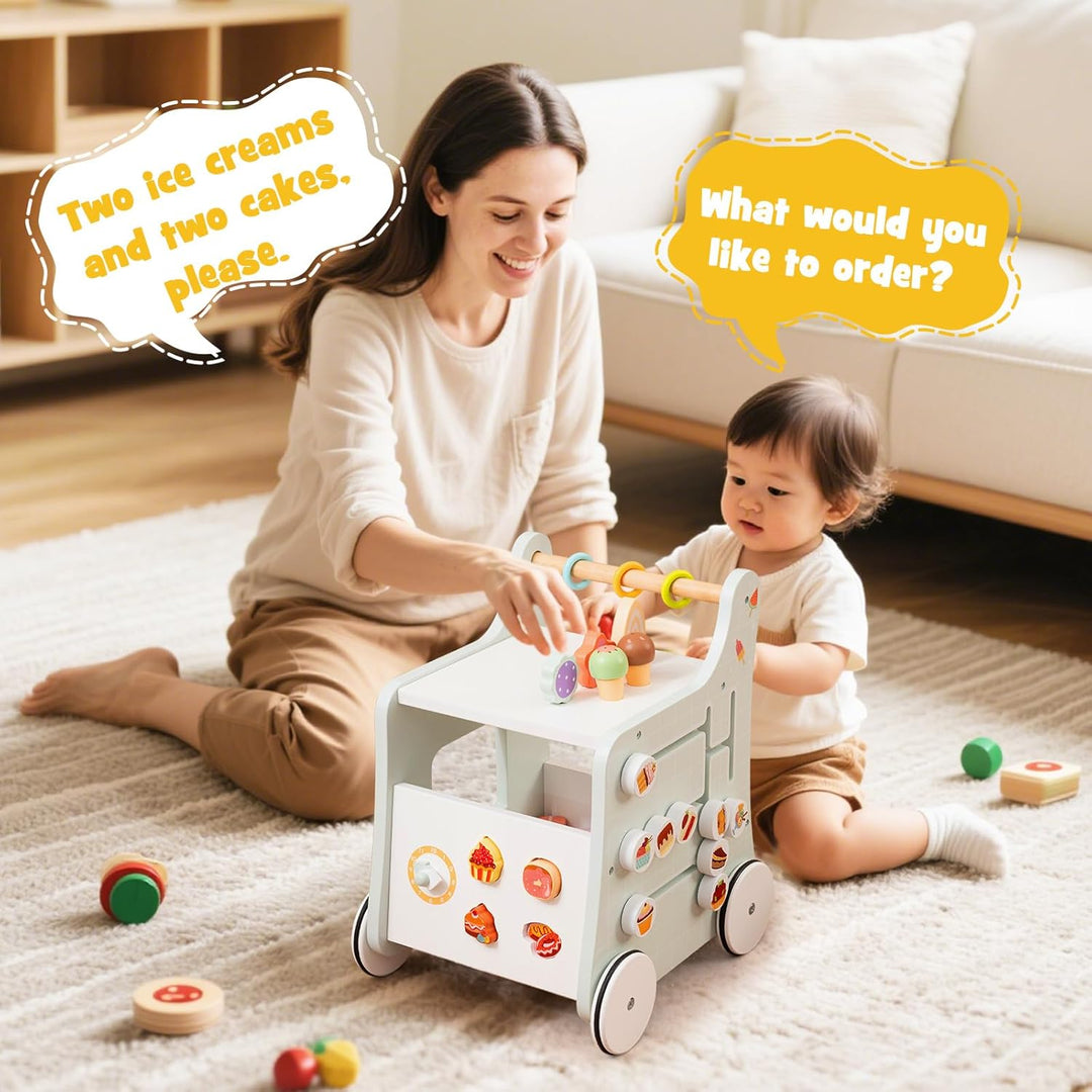 DREAMADE Lauflernwagen Holz, 6-in-1 hölzerne Lauflernhilfe, Baby Walker mit Blöcken & Zubehör, Lernl