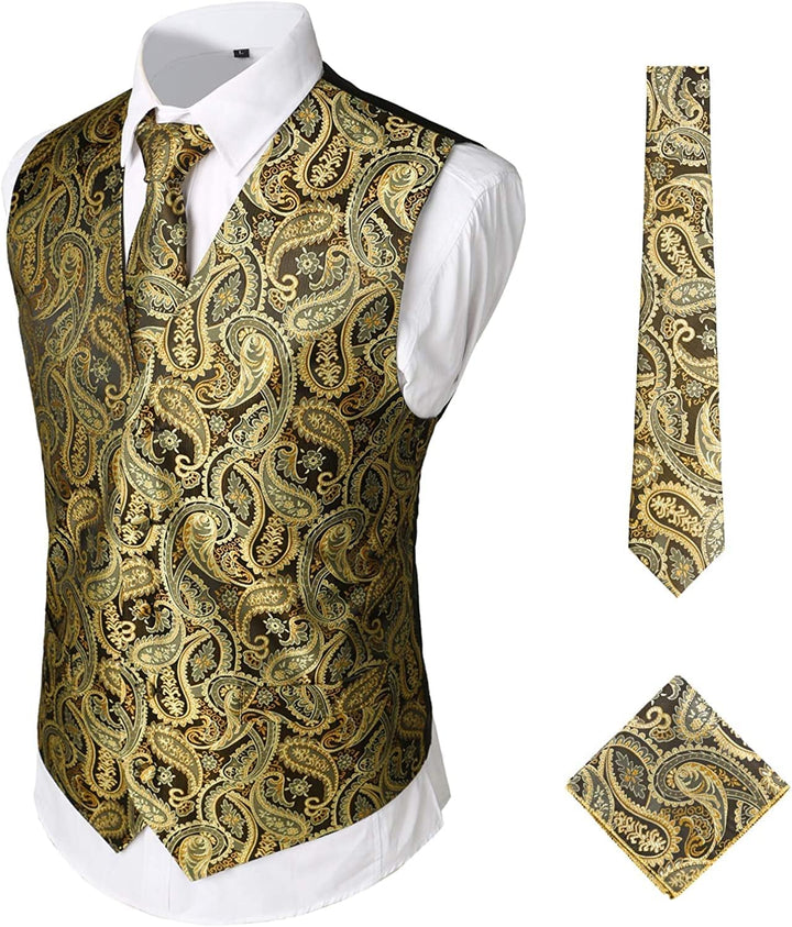PARKLEES Klassische Herren-Weste, 3-teilig, Paisleymuster, Krawatte, Einstecktuch, Set, Hochzeit, Ab