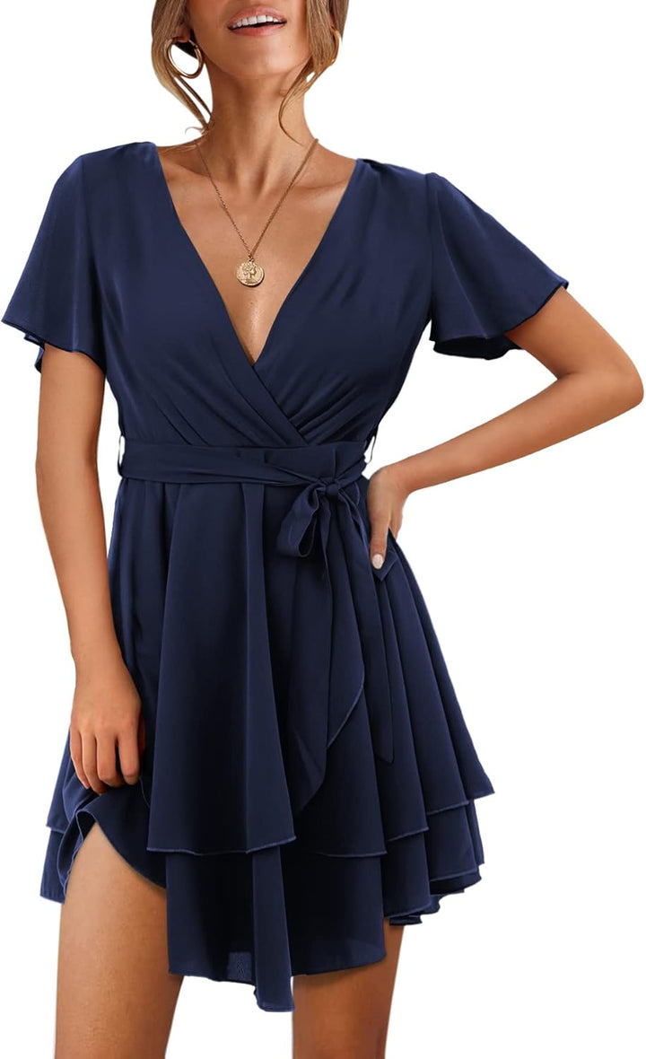 Beluring Damen Kleid Kurzarm Casual V-Ausschnitt Tunika Kleider Minikleid Wickelkleid XL Dunkelblau,