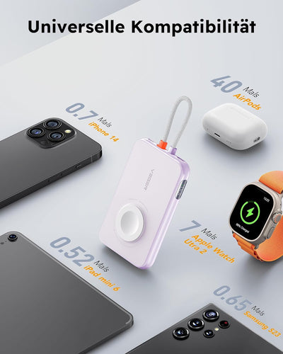 VEGER Mini Power Bank 20W PD, 5000mAh Powerbank mit Eingebautem Apple Kabel, mit Apple Watch Laden,