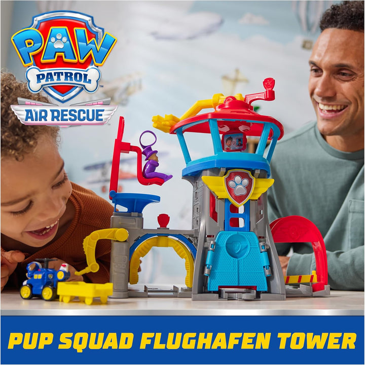 PAW PATROL Air Rescue - Pup Squad Flughafen Tower mit Fahrzeugstarter, Chase-Pup Squad Racer und Bür