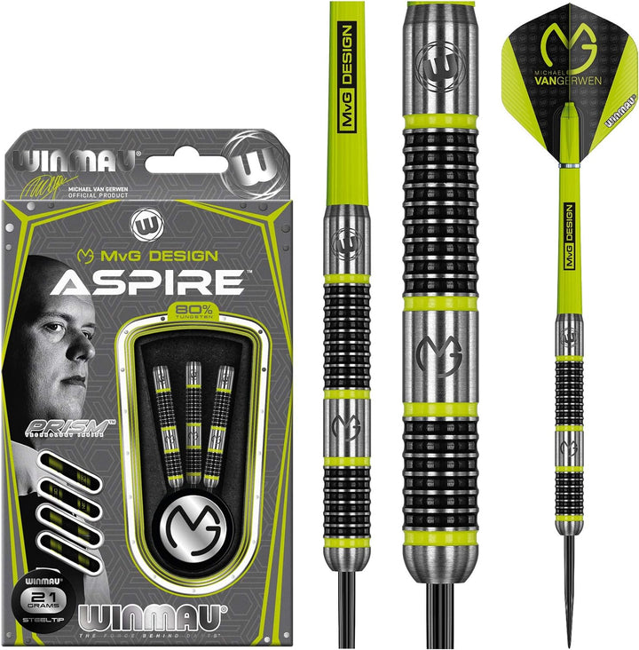 WINMAU Michael van Gerwen MvG Aspire Tungsten Steeltip Dart-Set mit Prismen-Flights und Nylon-Schäft