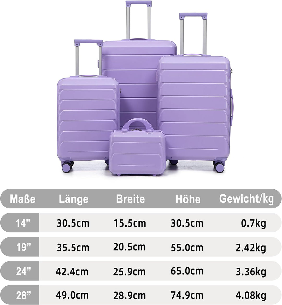 Hartschalen-Koffer Trolley Handgepäck Rollkoffer, Reisekoffer Set mit 4 Rollen, 4er Gepäckset Lila L