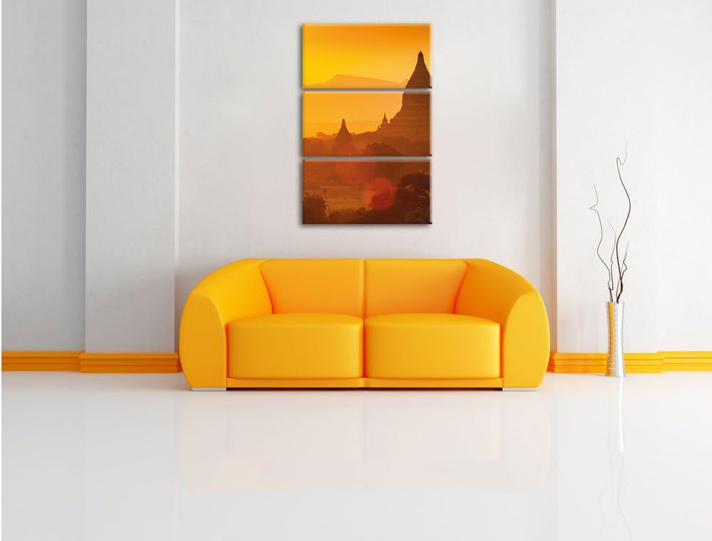 Pixxprint Buddha Tempel im Sonnenuntergang 3-Teiler Leinwandbild 120x80 Bild auf Leinwand