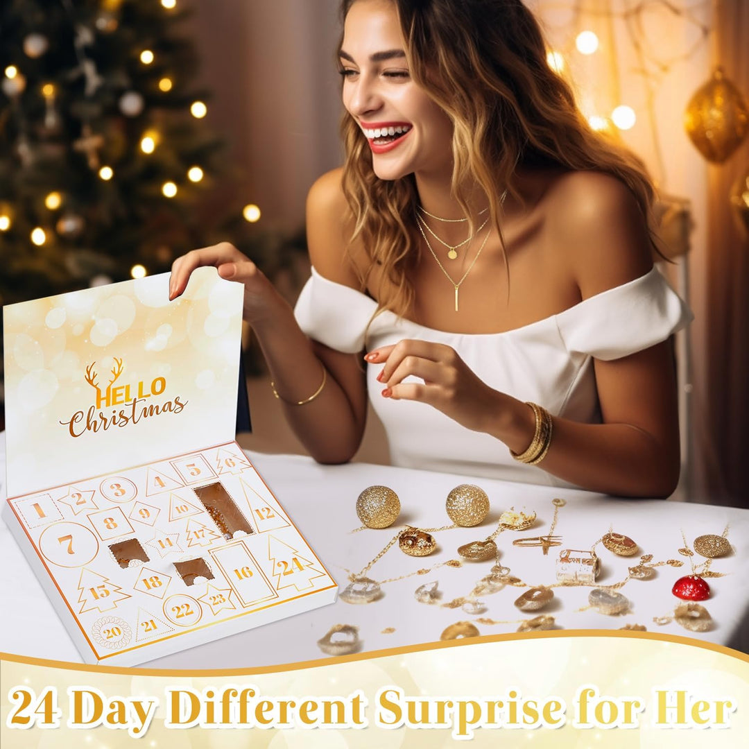 2025 Schmuck Adventskalender für Frauen Mädchen, 24 Überraschungen Count Down Kalender mit Golden Ar