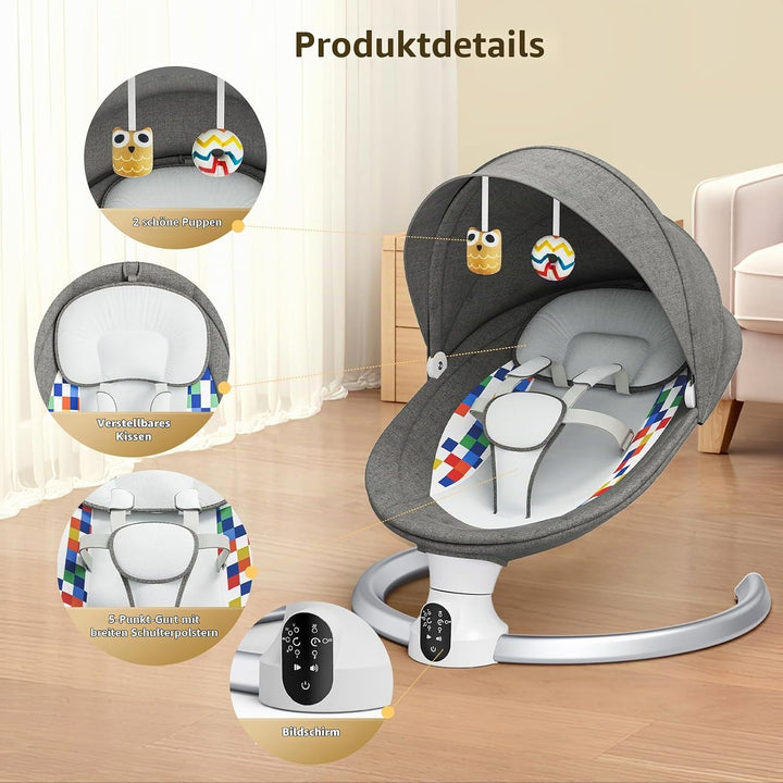 Kotsy Babywippe Elektrisch mit 5 Natürlichen Schaukelgeschwindigkeiten, Babyschaukel elektrisch mit