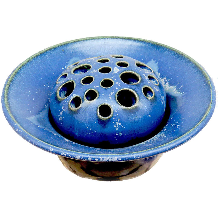 Blumensteckschale blau, 2-teilig, handgetöpfert, 13 cm Durchmesser, Steinzeug