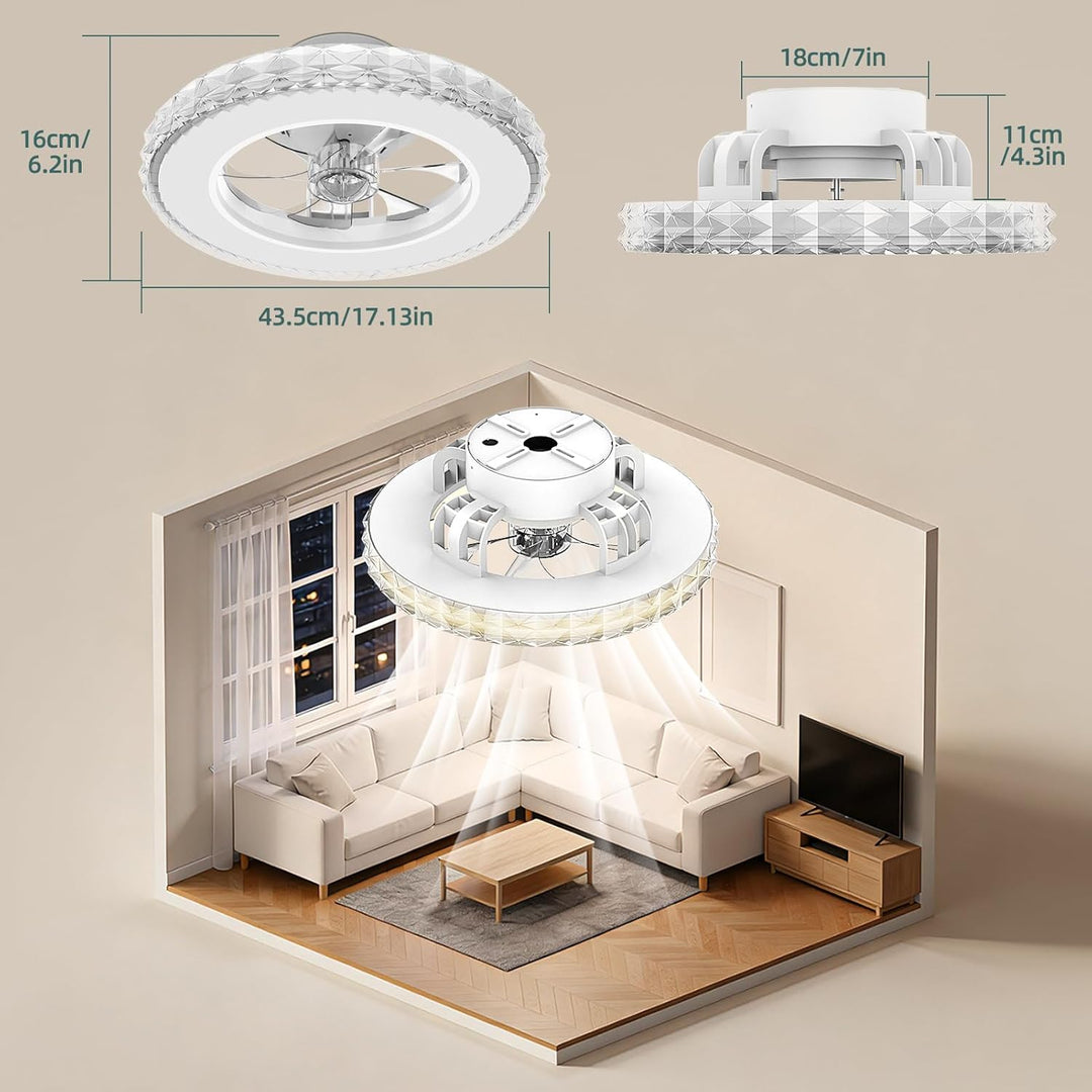 Ateroll Deckenventilator mit Beleuchtung Ø43.5CM, Kristall Deckenventilator Dimmbar (3000K-4000K-650