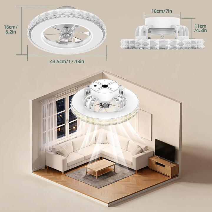 Ateroll Deckenventilator mit Beleuchtung Ø43.5CM, Kristall Deckenventilator Dimmbar (3000K-4000K-650