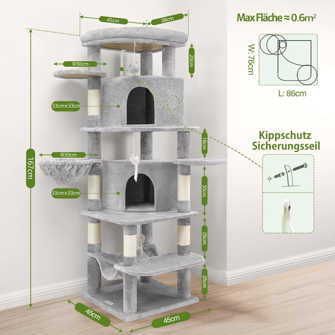 Globlazer Kratzbaum Katzen, Eckkratzbaum Stabil hoch 167 cm mit 2 Sektor Katzenhaus, Gepolsterte Pla