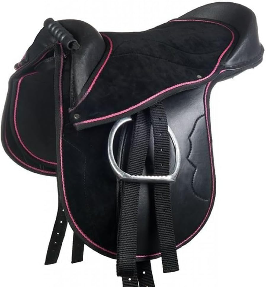 Funny Horses HKM 9384 Shettysattel-Set, Shetty Sattel Steigbügel Knieklötze Schwarz/Pink 12", 1 Stüc