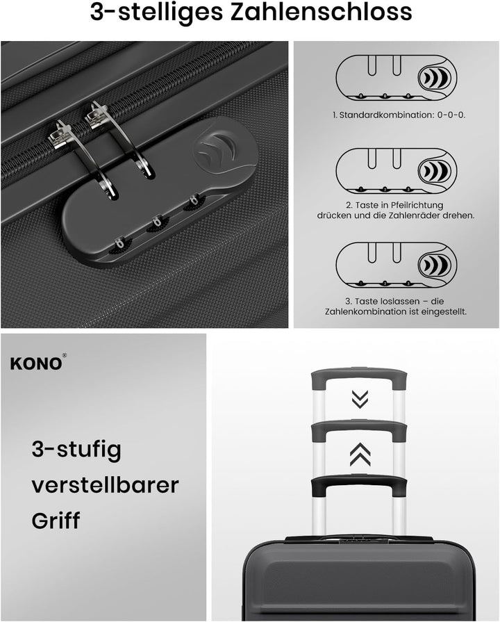KONO Handgepäck Koffer EasyJet 45x36x20 ABS+PC Hartschale, Grau | Leichte Kabinenkoffer für Flugreis