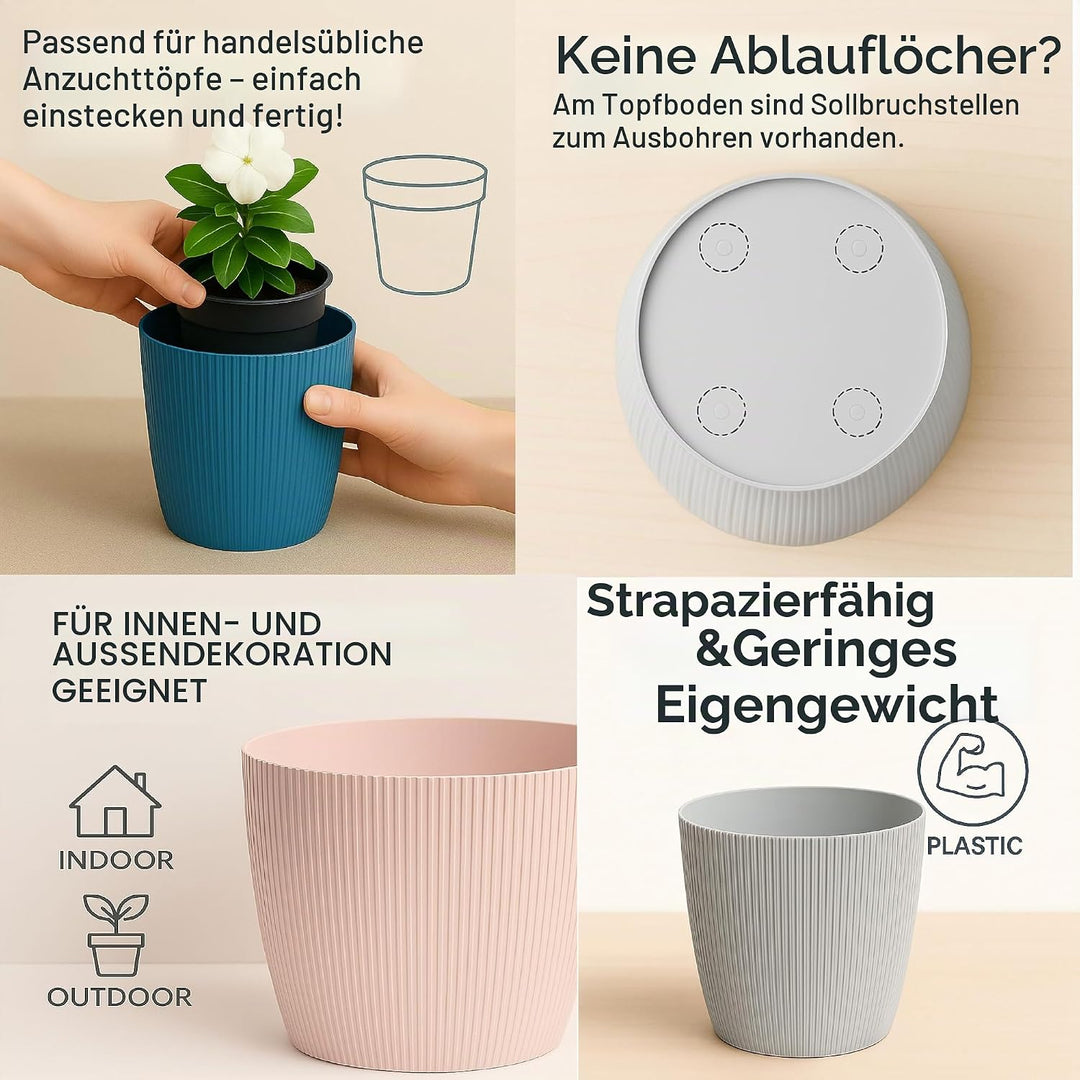 Home Garden Ornaments Blumentopf Set 3er – Kunststoff Übertopf, geriffeltes Design, modern & dekorat