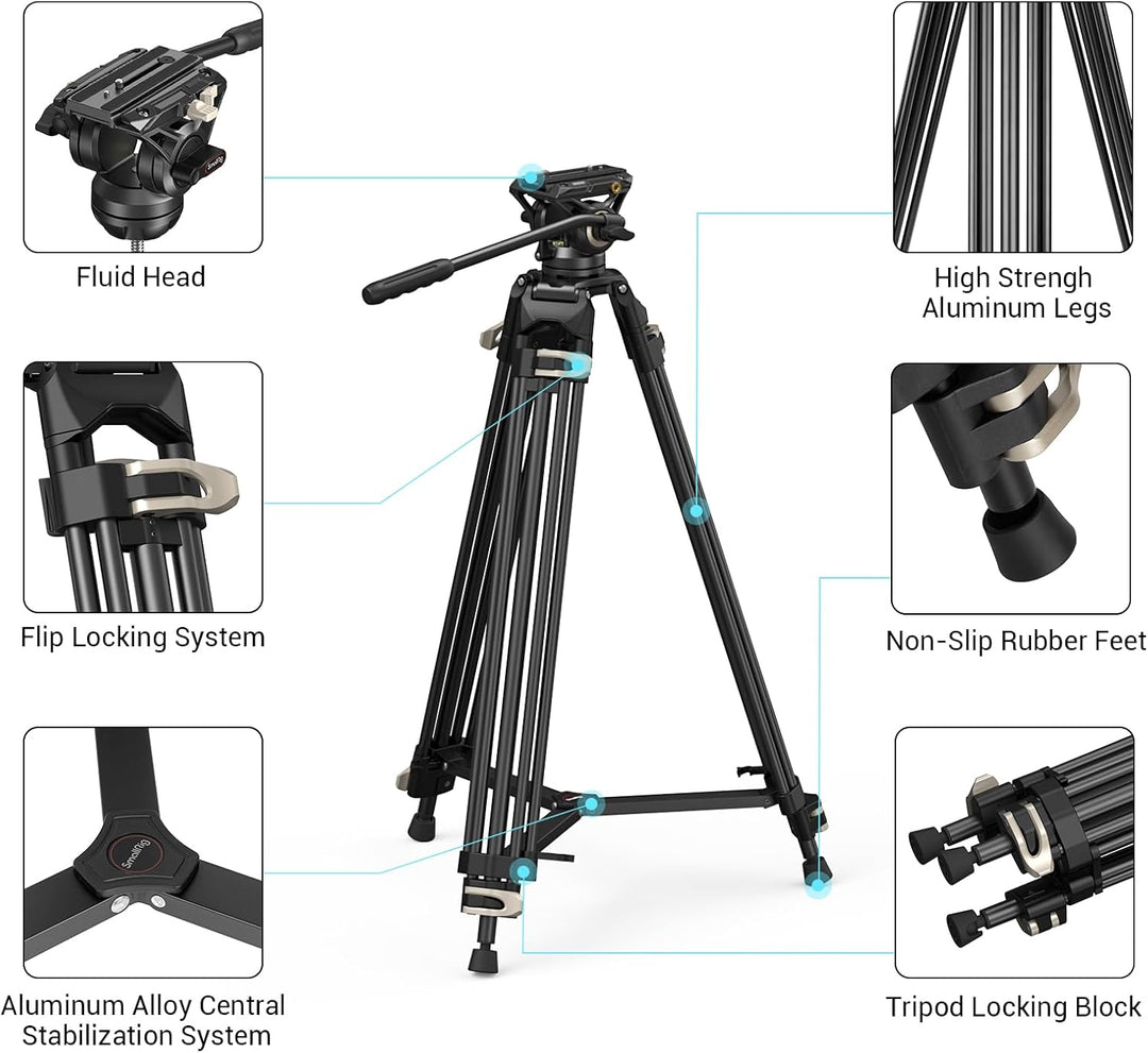 SMALLRIG Videostativ, 73-Zoll (186 cm) Heavy Duty Tripod Hochleistungs Stativ mit 360-Grad-Fluidkopf