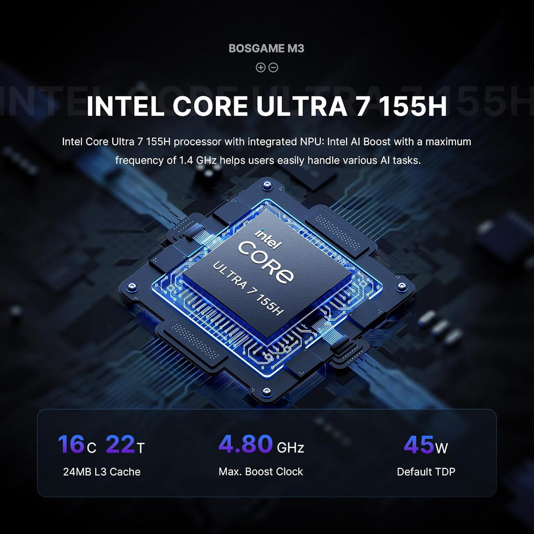 BOSGAME M3 Mini-PC, Intel Core Ultra 7 Prozessor 155H, 16 Kerne/22 Threads bis zu 4,8 GHz, Windows 1
