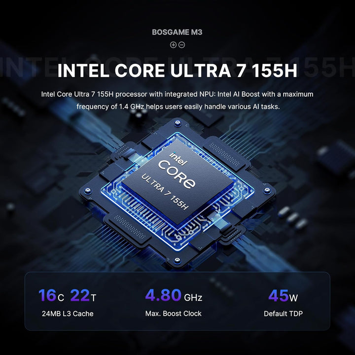 BOSGAME M3 Mini-PC, Intel Core Ultra 7 Prozessor 155H, 16 Kerne/22 Threads bis zu 4,8 GHz, Windows 1