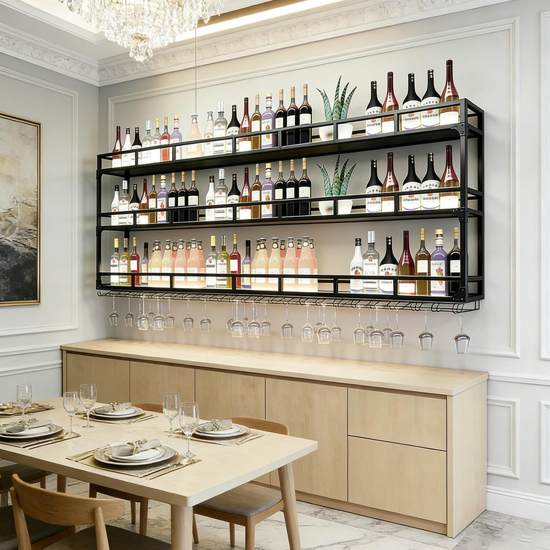 Weinregal Wand, 3 Ebenen Wand-Weinregale mit Glashalter, Multi funktionaler Weinpareite Display Rack