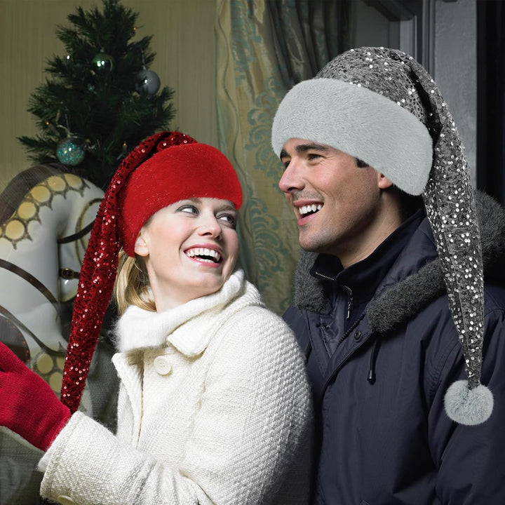 Samt Weihnachtsmannmütze für Erwachsene, Glitzer Seiden Nikolausmütze für Männer und Frauen, doppelt