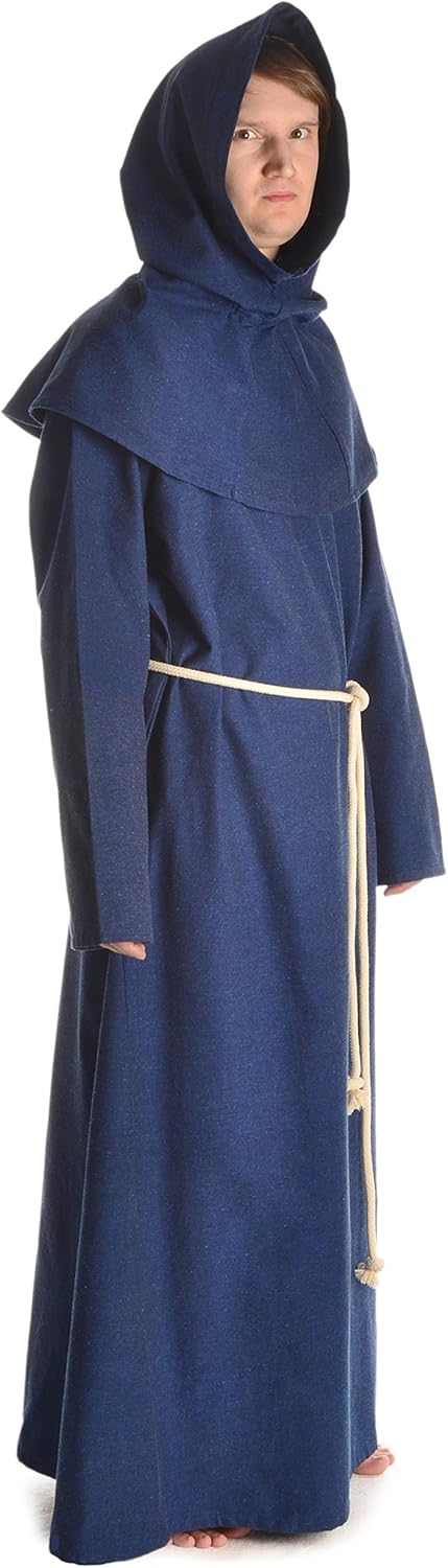 HEMAD Herren Mittelalter Kutte Halzebier (Set Kapuze, Strick, Cotte) S-XXXL Baumwolle XXL-3XL Blau,