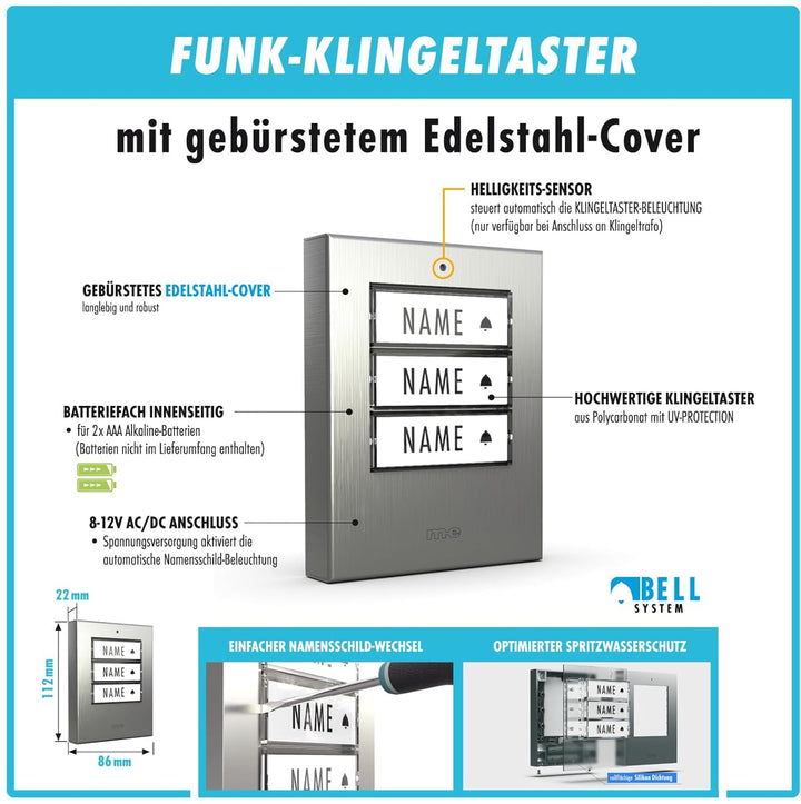 m-e Funkklingel BELL-523 AC Edelstahl gebürstet mit Sender und Empfänger für 3-Familienhaus | Erweit